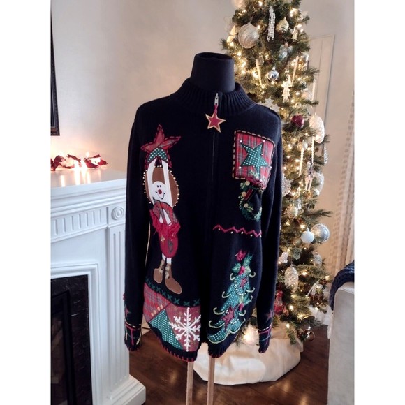 KIKIT Black Christmas Cardigan Sweater Large Embellished ZIP - Picture 1 of 9